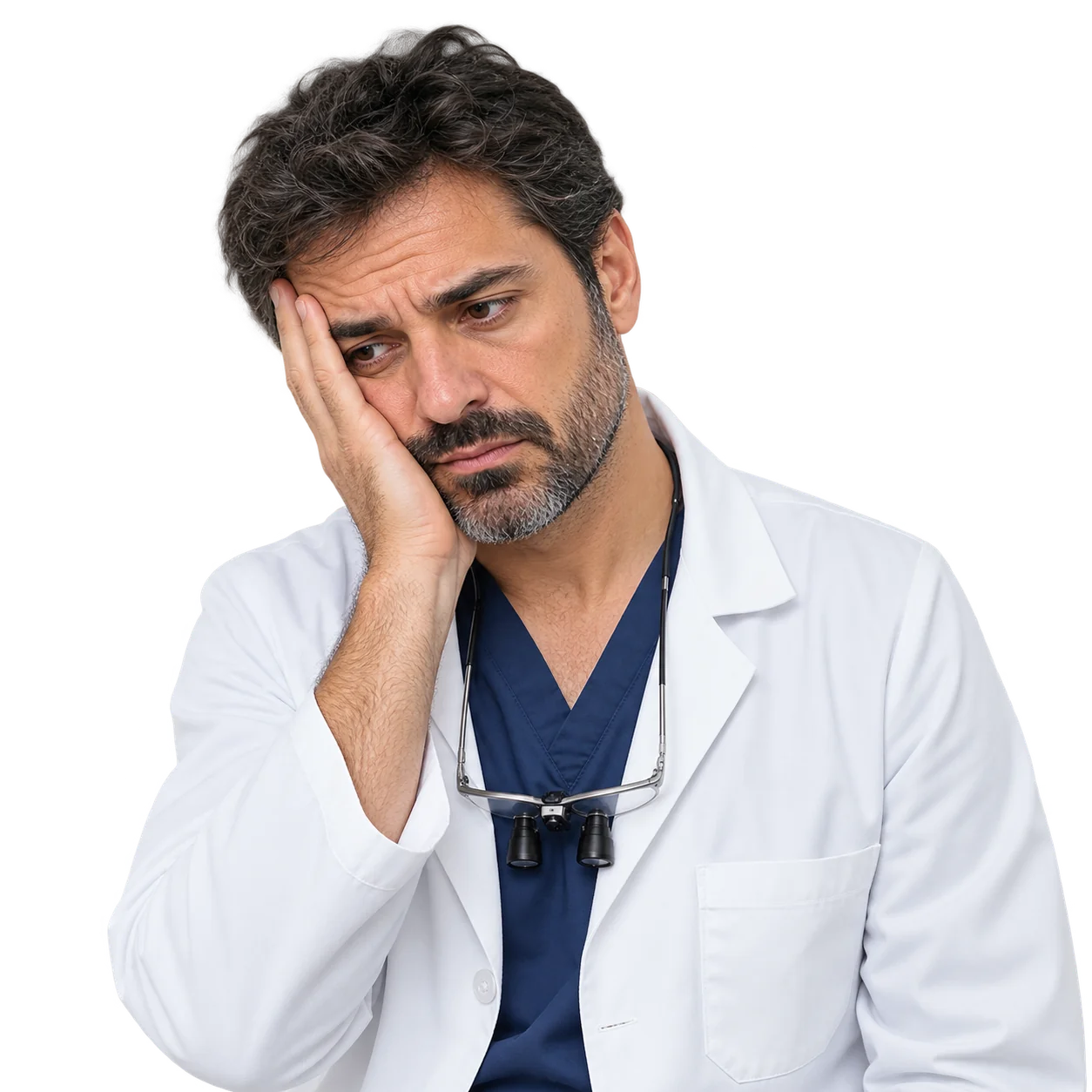 Dentista sfinito, la testa appoggiata sulla mano