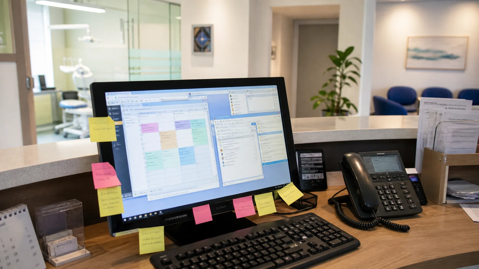 Reception di uno studio dentistico: monitor con più finestre aperte, post-it sulla cornice, tastiera e telefono